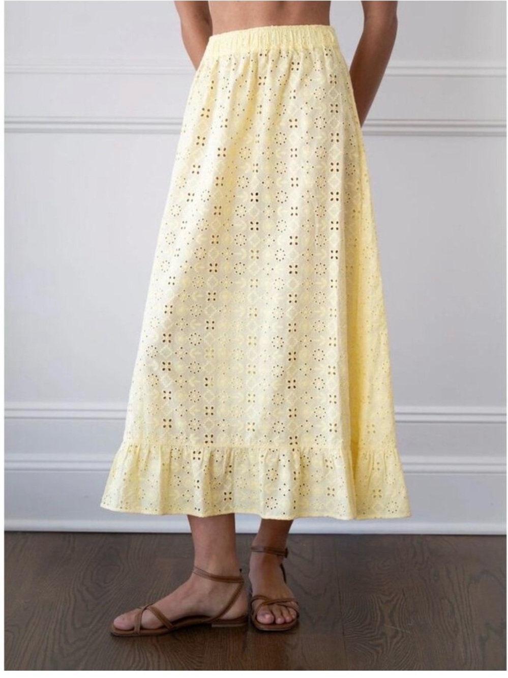 NWT LA MAREGOLD ISLA Light Yellow Eyelet Midi Skirt with Ruffle Hem